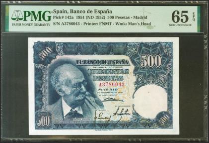 World Coins - 500 Pesetas. 15 de Noviembre de 1951. Serie A. (Edifil 2021: 460a, Pick: 142a). Raro en esta calidad, apresto original. SC. Encapsulado PMG65EPQ.