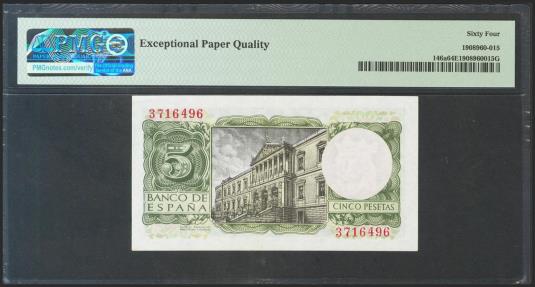 World Coins - 5 Pesetas. 22 de Julio de 1953. Sin serie. (Edifil 2021: 466, Pick: 146a). Inusual en esta calidad, apresto original. SC. Encapsulado PMG64EPQ.