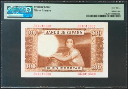 World Coins - 100 Pesetas. 7 de Abril de 1953. Error firma de cajero invertida e impresa en la parte superior derecha. Serie 3K. (Edifil 2021: 464c). Inusual. SC-. Encapsulado PMG63.