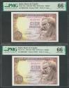 World Coins - 100 Pesetas. 19 de Febrero de 1946. Pareja correlativa. Serie B. (Edifil 2017: 451b). Conserva todo su apresto original. SC. Encapsulados PMG66EPQ, ambos.