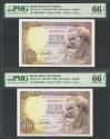 World Coins - 100 Pesetas. 19 de Febrero de 1946. Pareja correlativa. Serie B. (Edifil 2017: 451b). Conserva todo su apresto original. SC. Encapsulados PMG66EPQ, ambos.