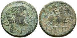 Ancient Coins - BILBILIS (Calatayud, Zaragoza). As. (Ae. 13,01g/27mm). 120-30 a.C. (FAB-258). Anv: Cabeza masculina a derecha con adornos en el cuello, detrás letra ibérica: Bi, delante delfín. R