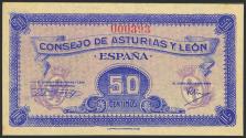 World Coins - 50 Céntimos. 1937. Asturias y León. Sin serie y numeración baja (Nº000393). (Edifil 2023: 396). Muy raro en esta calidad, apresto original y habituales manchitas del tiempo. SC-.