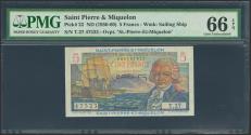 World Coins - SAINT PIERRE AND MIQUELON. 5 Francs. (1950ca). (Pick: 22). PMG66EPQ.