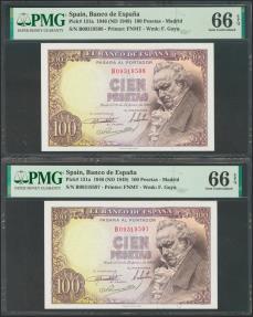 World Coins - 100 Pesetas. 19 de Febrero de 1946. Pareja correlativa. Serie B. (Edifil 2017: 451b). Conserva todo su apresto original. SC. Encapsulados PMG66EPQ, ambos.