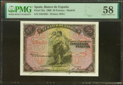 World Coins - 50 Pesetas. 24 de Septiembre de 1906. Sin serie. (Edifil 2023: 315, Pick: 58a). Inusual en esta calidad. EBC++. Encapsulado PMG58.