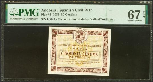 World Coins - ANDORRA. 50 Centims. 19 de Diciembre de 1936. Sin serie. (Edifil 2021: 1, Pick: 5). Raro en esta excepcional calidad, apresto original. SC. Encapsulado PMG67EPQ.