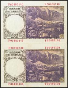 World Coins - 25 Pesetas. 19 de Febrero de 1946. Pareja correlativa, serie F. (Edifil 2021: 450a). Apresto original. SC-.
