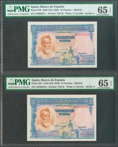 World Coins - 25 Pesetas. 31 de Agosto de 1936. Pareja correlativa. Serie A. (Edifil 2017: 367a). Apresto original e inusual. SC. Encapsulado PMG65EPQ, ambos.
