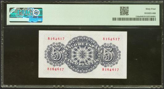 World Coins - 5 Pesetas. 12 de Abril de 1947. Sin serie. (Edifil 2023: 454, Pick: 134a). SC. Encapsulado PMG64.