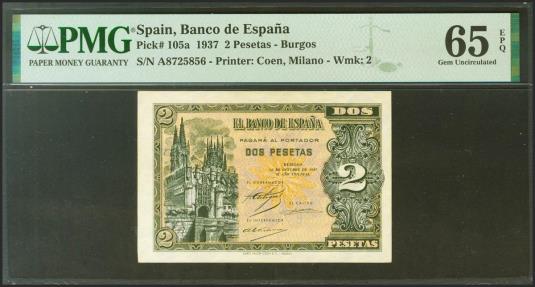 World Coins - 2 Pesetas. 12 de Octubre de 1937. Serie A. (Edifil 2021: 426, Pick: 105a). Raro, especialmente en esta calidad, apresto original. SC. Encapsulado PMG65EPQ.
