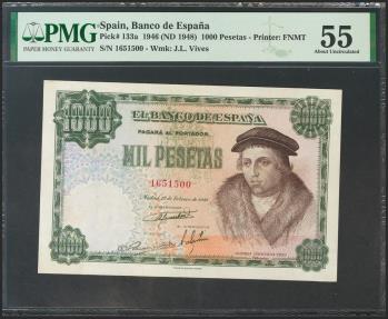 World Coins - 1000 Pesetas. 19 de Febrero de 1946. Sin serie. (Edifil 2017: 453). Muy raro en esta excepcional conservación. EBC+. Encapsulado PMG55. (para hacerse una idea de la rareza de este