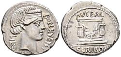 Ancient Coins - GENS SCRIBONIA. Denario. (Ar. 3,89g/20mm). 62 a.C. Roma. (FFC 1102; Crawford 416/1a). Anv: Cabeza diademada de Bonus Eventus a derecha, alrededor leyenda: LIBO BON EVENT. Rev: Poz