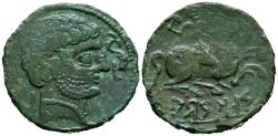 Ancient Coins - ARSAOS (Area de Navarra). As. (Ae. 9,04g/24mm). 120-80 a.C. (FAB-144). Anv: Cabeza masculina barbada a derecha, entre dos delfines. Rev: Jinete con dardo a derecha, debajo leyenda