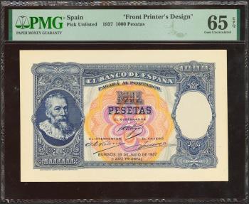 World Coins - Conjunto de las pruebas de anverso y reverso de un billete no emitido de 1000 Pesetas, fechado el 18 de Julio de 1937. Sin numeración. (Edifil 2021: NE45P). Extraordinariamente ra