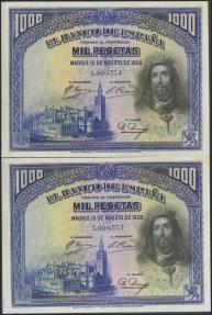 World Coins - 1000 Pesetas. 15 de Agosto de 1928. Pareja correlativa. Sin serie. (Edifil 2017: 357). Conserva todo su apresto original. SC-.