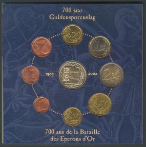 World Coins - BELGICA. Set-Cartera compuesta por 8 Valores de 2 Euros y divisores en niquel y cobre   y 1 medalla de plata. 2002. 700 Aniversario de la Bataille des Eperons d´Or. 1302-2002. PRO