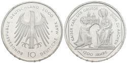 World Coins - ALEMANIA. 10 Marcos (Ar. 15,47g/33mm). 2000. Karlsruhe G. 1200 Aniversario Catedral de Aachen. (Km#200). SC-. Ligeras marquitas.