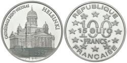 World Coins - FRANCIA. 100 Francs. 15 Euro. Catedral St Nicolás. Helsinki. 1997. (Ar. 22,20g/37,00mm). Proof.