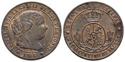 World Coins - ISABEL II (1833-1868).  1/2 Céntimos de Escudo. (Ae. 1,26g/16mm). 1866. Barcelona OM. (Cal-2019-199). EBC+. Preciosa pátina.