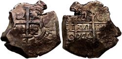 World Coins - FELIPE V (1700-1746). 8 Reales. (Ar. 27,36g/34mm). 1744. Potosí C. (Cal-2019-1585). Triple ensayador y doble fecha. MBC+. Grieta. Precioso tono.