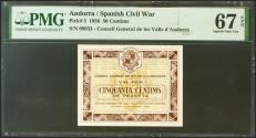 World Coins - ANDORRA. 50 Centims. 19 de Diciembre de 1936. Sin serie. (Edifil 2021: 1, Pick: 5). Raro en esta excepcional calidad, apresto original. SC. Encapsulado PMG67EPQ. (para hacernos id