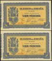 World Coins - 100 pesetas. September 1937. Correlative couple. Gijon branch. No serie. (Edifil 2021: 399). Original sizing. Almost Uncirculated.