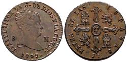 World Coins - ISABEL II (1833-1868). 8 Maravedís. (Ae. 10,47g/29mm). 1849. Jubia. (Cal-2019-116). EBC+. Acuñación algo floja en busto. Excelente ejemplar.