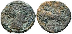 Ancient Coins - ARSAOS (Zona de Navarra). As. (Ae. 7,18g/22mm). 120-80 a.C. (FAB-145). Anv: Cabeza masculina y barbada a derecha entre dos delfines, arte degenerado. Rev: Jinete con dardo a derec