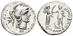 Ancient Coins - POMPEYO, el Grande. Denario. (Ar. 3,78g/19mm). 46-45 a.C. Hispania. (FFC 1; Crawford 469a). Anv: Cabeza de Palas a derecha, alrededor leyenda: M POBLICI LEG PRO PR, todo dentro de