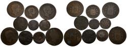 World Coins - MONARQUIA ESPAÑOLA y CENTENARIO DE LA PESETA. Lote compuesto por 10 monedas de cobre españolas de diferentes periodos. Incluyen diferentes valores y algún resello. Diferentes esta