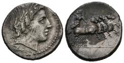 Ancient Coins - ACUÑACIONES ANONIMAS. Denario. (Ar. 3,71g/20mm). 86 a.C. Roma. (Crawford 350/2a; FFC 85). Anv: Busto laureado a derecha de Apolo Viejovis, debajo haz de rayos. Rev: Júpiter conduc