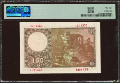 World Coins - 100 Pesetas. 2 de Mayo de 1948. Sin serie. (Edifil 2023: 456, Pick: 137a). EBC++. Encapsulado PMG58.