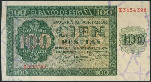 World Coins - 100 Pesetas. 21 de Noviembre de 1936. Serie X, última serie emitida. (Edifil 2017: 421a). SC-.