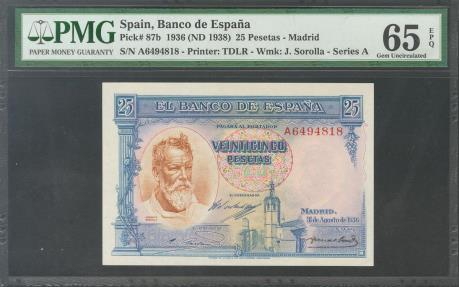 World Coins - 25 Pesetas. 31 de Agosto de 1936. Pareja correlativa. Serie A. (Edifil 2017: 367a). Apresto original e inusual. SC. Encapsulado PMG65EPQ, ambos.