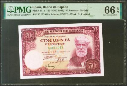 World Coins - 50 Pesetas. 31 de Diciembre de 1951. Serie B. (Edifil 2021: 462a, Pick: 141a). Raro en esta excepcional calidad, apresto original. SC. Encapsulado PMG66EPQ.