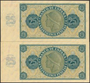 World Coins - 25 Pesetas. 21 de Noviembre de 1936. Pareja correlativa. Serie Q. (Edifil 2023: 419a). Apresto original. SC-.