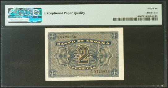 World Coins - 2 Pesetas. 12 de Octubre de 1937. Serie A. (Edifil 2021: 426, Pick: 105a). Raro, especialmente en esta calidad, apresto original. SC. Encapsulado PMG65EPQ.