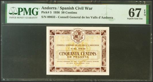 World Coins - ANDORRA. 50 Centims. 19 de Diciembre de 1936. Sin serie. (Edifil 2021: 1, Pick: 5). Raro en esta excepcional calidad, apresto original. SC. Encapsulado PMG67EPQ. (para hacernos id