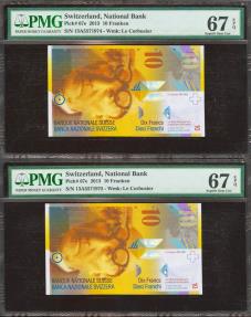 World Coins - SWITZERLAND. 10 Franken. Correlative pair. 2013. (Pick: 67e). PMG67EPQ, both.