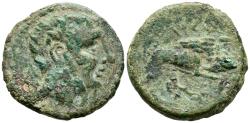 Ancient Coins - ILTIRTA (Lérida). As. (Ae. 6,30g/22mm). 200-20 a.C. (FAB-1476). Anv: Cabeza masculina a derecha. Rev: Lobo saltando a derecha, encima leyenda ibérica: ILTiRTa. MBC-.