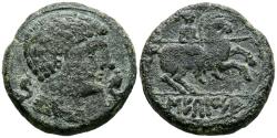 Ancient Coins - SECAISA (Segeda, Zaragoza). As. (Ae. 10,79g/23mm). 120-20 a.C. (FAB-2131). Anv: Cabeza masculina a derecha, entre dos delfines. Rev: Jinete con lanza a derecha, debajo leyenda ibé