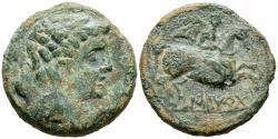 Ancient Coins - ILTIRTA (Lérida). As. (Ae. 10,94g/26mm). 200-20 a.C. (FAB-1465). Anv: Cabeza masculina a derecha, alrededor tres delfines. Rev: Jinete con palma a derecha, debajo leyenda ibérica: