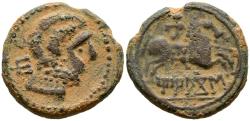 Ancient Coins - TITIACOS (Tricio, La Rioja). As. (Ae. 9,10g/25mm). 120-20 a.C. (FAB-2395). Anv: Cabeza masculina barbada a derecha, detrás letra ibérica: Ti. Rev: Jinete con lanza a derecha, deba