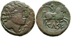 Ancient Coins - CELSE (Velilla del Ebro, Zaragoza). As. (Ae. 15,55g/31mm). 120-50 a.C. (FAB-773). Anv: Cabeza a derecha con manto y fíbula a derecha, alrededor tres delfines. Rev: Jinete con palm
