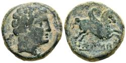 Ancient Coins - BOLSCAN (Huesca, Aragón). Semis. (Ae. 4,17g/17mm). 180-20 a.C. (FAB-1921). Anv: Cabeza barbada a derecha, detrás letra ibérica Bo. Rev: Pegaso a derecha, debajo leyenda ibérica: B