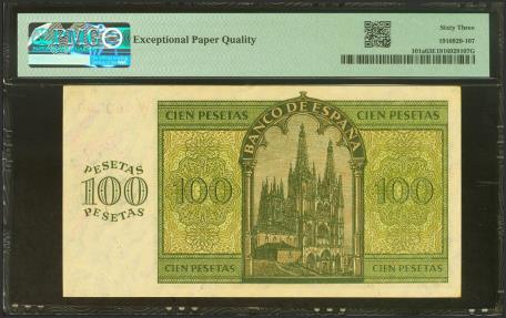 World Coins - 100 Pesetas. 21 de Noviembre de 1936. Serie W. (Edifil 2023: 421a, Pick: 101a). Apresto original. SC. Encapsulado PMG63EPQ.