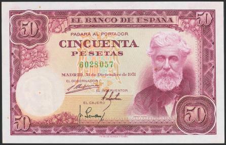 World Coins - 50 Pesetas. 31 de Diciembre de 1951. Sin serie. (Edifil 2023: 462). Apresto original. SC-.