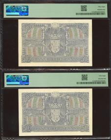 World Coins - 50 Pesetas. 9 de Enero de 1940. Pareja correlativa. Serie C. (Edifil 2023: 437a, Pick: 117a). Inusual. EBC++. Encapsulados PMG58, ambos.