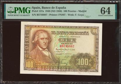 World Coins - 100 Pesetas. 2 de Mayo de 1948. Serie B. (Edifil 2023: 456a, Pick: 137a). SC. Encapsulado PMG64.